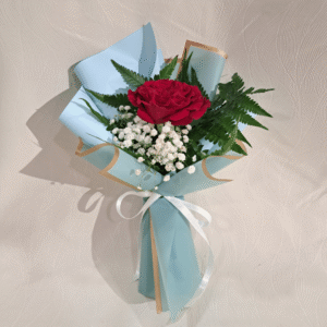 1 Fresh Rose Fresh Baby Breath Bouquet (Blue/Gold)