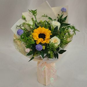Golden Sunflower & Cream Cup Rose Bouquet