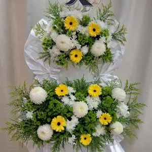 Deepest Regret White & Yellow Solemn Memorial Floral Stand (2-Tier)