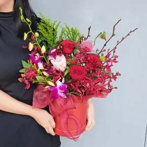 D’Rouge Magnifique Roses and Orchids Flower Arrangement Box