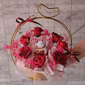Rich Red Blessings Fortune Lucky Cat Soap Flower Grand Opening Floral