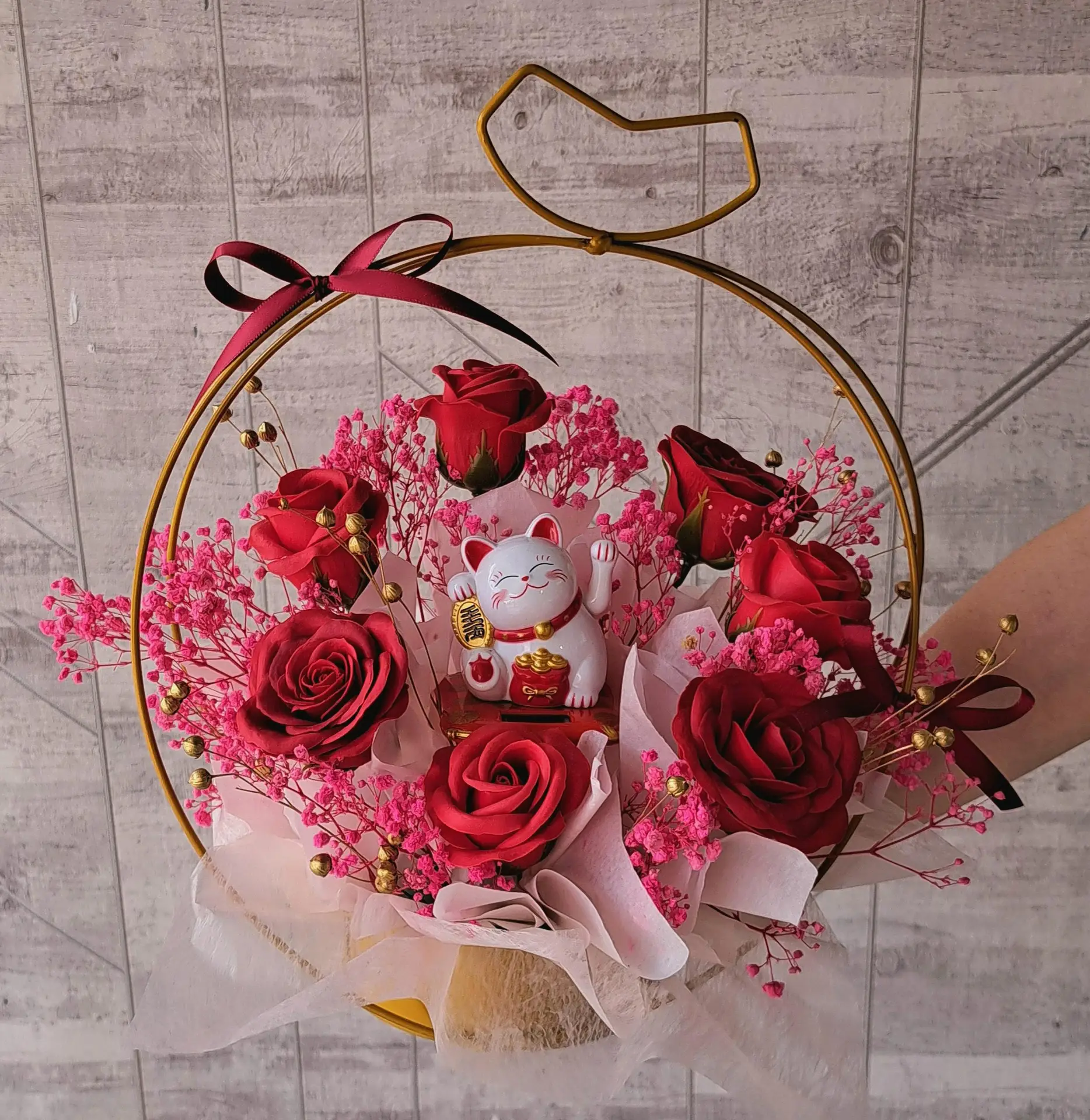 Rich Red Blessings Fortune Lucky Cat Soap Flower Grand Opening Floral